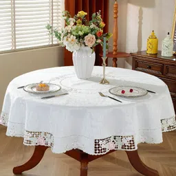 MONKDECOR White Floral Round 4-Seater Table Cover with Embroidered details-image-53