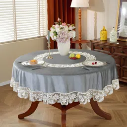 TANLOOMS Grey Floral Anti-Skid Round 4-Seater Table Cover with Embroidered details-image-27