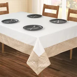 SHADES of LIFE Beige-Coloured & White Embroidered Border Pure Cotton 6-Seater Table Cover-37