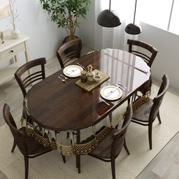 Clasiko Transparent & Gold-Toned Floral Lace Detail Oval 6-Seater Anti-Slip Table Cover-26