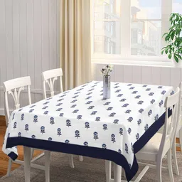 SHADES of LIFE Grey & Blue Floral Embroidered Cotton 2 Seater Dining Table Cover-11