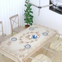 TANLOOMS Cream Coloured Floral Textured Rectangle Cotton Table Cover-34
