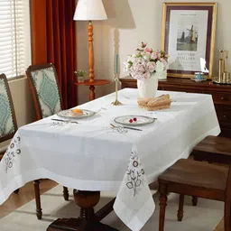 TANLOOMS White Floral Embroidered Anti-Skid 8-Seater Table Cover-image-21