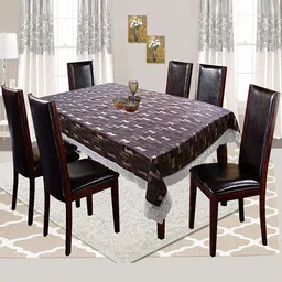 Kuber Industries Brown & White Geometric Printed 6 Seater Rectangular Table Cover-47