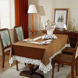 TANLOOMS Brown Floral Anti-Skid 6-Seater Table Cover with Embroidered details-image-5