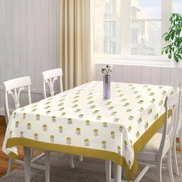 SHADES of LIFE Cream & Tan Floral Printed Cotton 4-Seater Table Cover-58