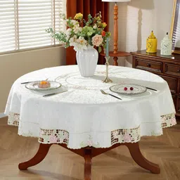 TANLOOMS White Floral Embroidered Round 4-Seater Table Cover-image-78