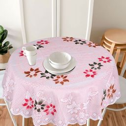 LooMantha Pink Floral Cotton Round 4-Seater Table Cover with Embroidered details-52