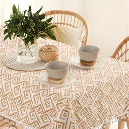 URBAN SPACE Taupe & White Printed Pure Cotton 6-Seater Table Cover-56