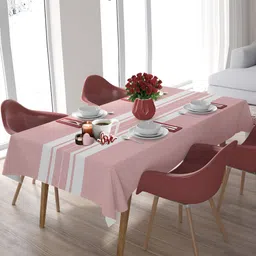 HOME COLORS.IN Pink & White Geometric Printed Cotton 6 Seater Table Cover-24