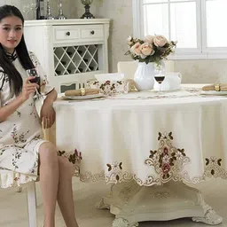 MONKDECOR White Floral 4 Seater Round Table Cover with Embroidered details-image-8