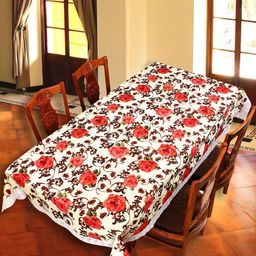 Aura Cream-Coloured & Red Floral Printed Rectangle Table Cover-9