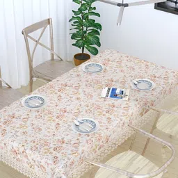 TANLOOMS White & Peach Coloured Floral Printed Jute Cotton 8-Seater Table Cover-6