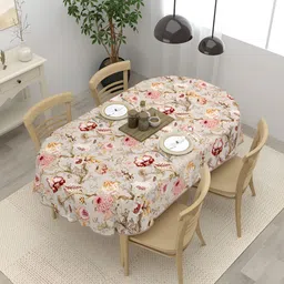 Clasiko Beige & Red 4-Seater Floral Cotton Oval Table Cover-31