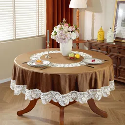 TANLOOMS Brown & White Floral Velvet Anti-Skid Round 6-Seater Rectangle Table Cover-13