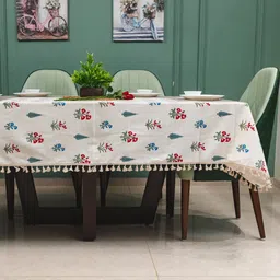 URBAN SPACE Red & White Floral Printed Pure Cotton 6-Seater Table Cover-11