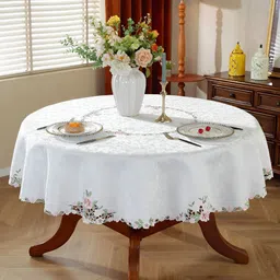 TANLOOMS White & Pink Floral Embroidered Round Table Cover-image-25