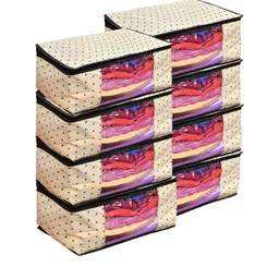 Home Fresh Set of 8 Cream-Colored & Black Printed Foldable Rectangle Cloth Saree Organiser image 2