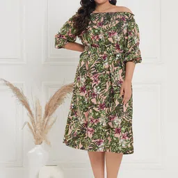 CURVE BY KASSUALLY Plus Size Nude & Green Tropical Printed Fit & Flare Midi Dress-4