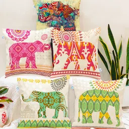 STITCHNEST Set Of 5 Green & White Ethnic Motifs Jute Cotton Square Cushion Covers-image-13