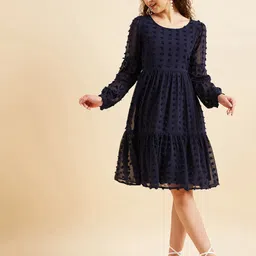 PANIT Puffed Sleeves Self Design Tiered Fit & Flare Georgette Dress-picture-39