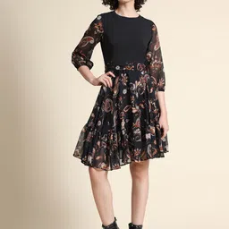 KERI PERRY Women Black Georgette Paisley Print Flared Western Dress-image-7