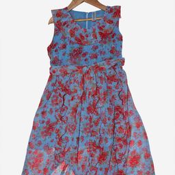 KiddoPanti Girls Blue Floral Georgette Dress-image-44