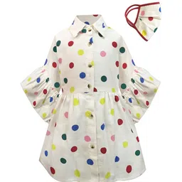 A T U N White Polka Dots Printed Shirt Dress With Mask-51