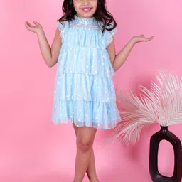 KidsDew Girls Conversational Printed High Neck Layered Net A-Line Dress-picture-2