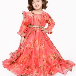 SAKA DESIGNS Girls Peach-Coloured Floral Net A-Line Dress-image-97