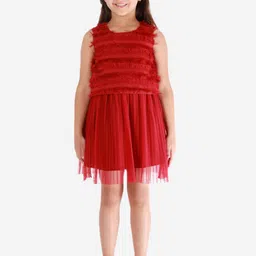 KidsDew Girls Maroon Fringed Net A-Line Dress-image-0