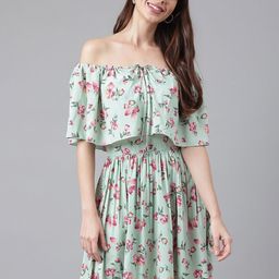 FLAMBOYANT Green & Pink Floral Off-Shoulder Crepe Dress-picture-11