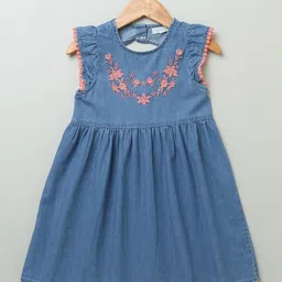 Sweetlime By AS Girls Embroidered Flutter Sleeves Cotton Denim Fit & Flare Dress-image-19