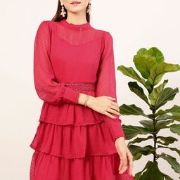 STREET 9 Fuchsia Self Design High Neck Puff Sleeves Layered Fit & Flare Dress-image-17