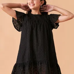 Cherry & Jerry Girls Self Design Flutter Sleeves Cotton A-Line Mini Dress-image-79