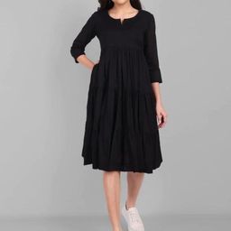 Mera Rang Gathered Detailed Tiered Cotton Fit & Flare Midi Dress-image-94