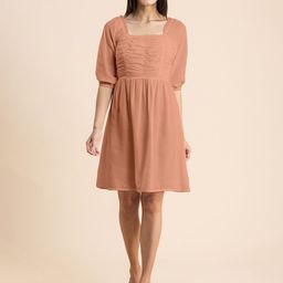 Moomaya Puff Sleeves Ruched Smocked Georgette Fit & Flare Dress-picture-17