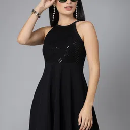 Style Quotient Black Sequinned Embellished Fit & Flare Dress-image-40