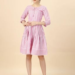 Glomee Striped Layered Fit & Flare Dress-image-61