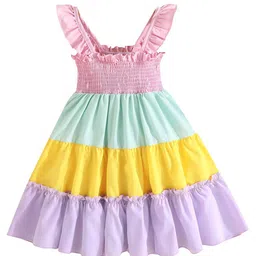 StyleCast Girls Pink & Yellow Colourblocked Smocked Tiered Cotton Fit & Flare Dress-image-31