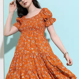 Tokyo Talkies Floral Printed Smocked Tiered Fit & Flare Dress-image-53