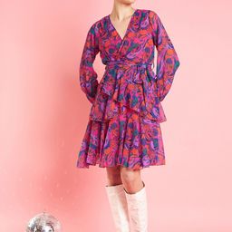 Antheaa Pink Floral Printed V-Neck Bishop Sleeves Layered Fit & Flare Party Dress-image-13