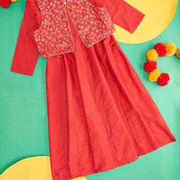 AKKRITI BY PANTALOONS Girls Red & Gold-Toned Fit & Flare Dress-picture-10