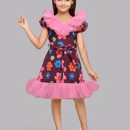 Pink Chick Girls Floral Printed Puff Sleeves Ruffled A-Line Dress With Belt-image-30