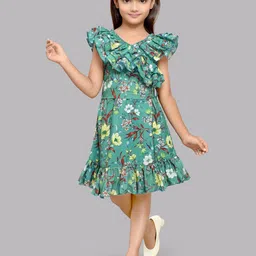 Pink Chick Girls Floral Print Flutter Sleeves Ruffled Fit & Flare Dress-image-12