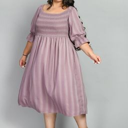 PrettyPlus by Desinoor.com Plus Size Puff Sleeves Striped Smocked Silk Fit & Flare Dress-20