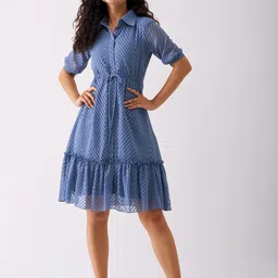 AASK Self Design Puff Sleeves Crepe Shirt Dress-image-40