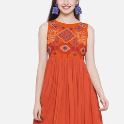 KALINI Ethnic Motifs Embroidered Boat Neck Fit & Flare Dress-image-32
