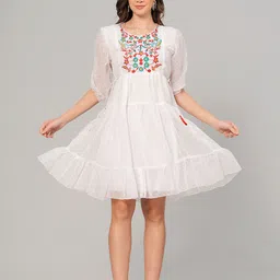 HIGHLIGHT FASHION EXPORT Floral Embroidered Georgette Fit & Flare Above Knee Dress-image-84
