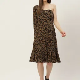 Slenor Floral Print Off-Shoulder Georgette Fit & Flare Dress-image-77